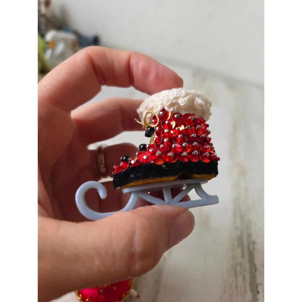 Vintage ice skate beaded sequin ornament drum unique tinsel set Xmas tree
